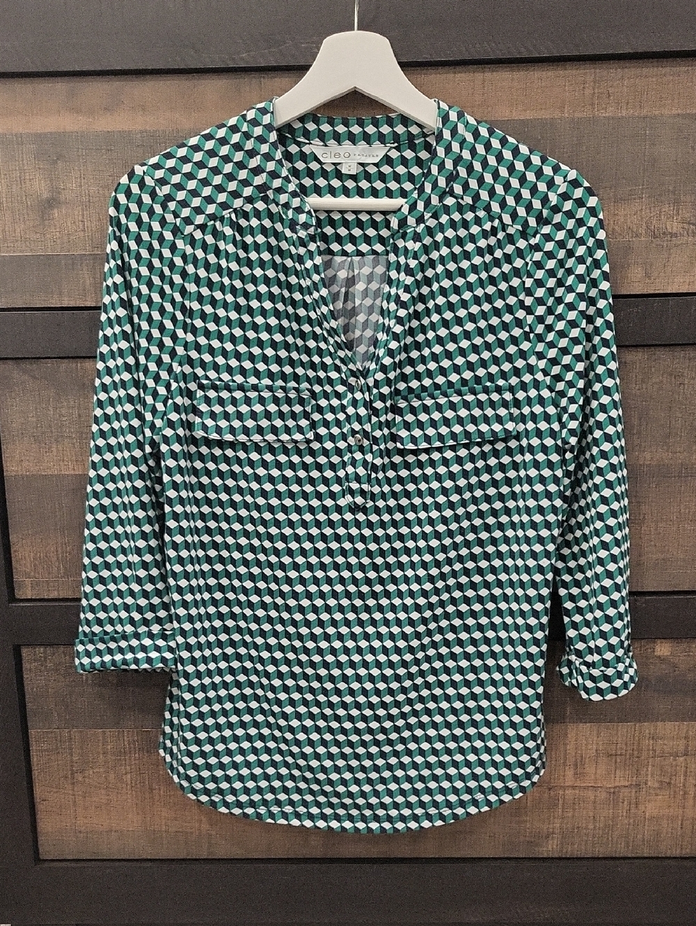 Cleob Green, Blue and White Geometric Button-Front Blouse